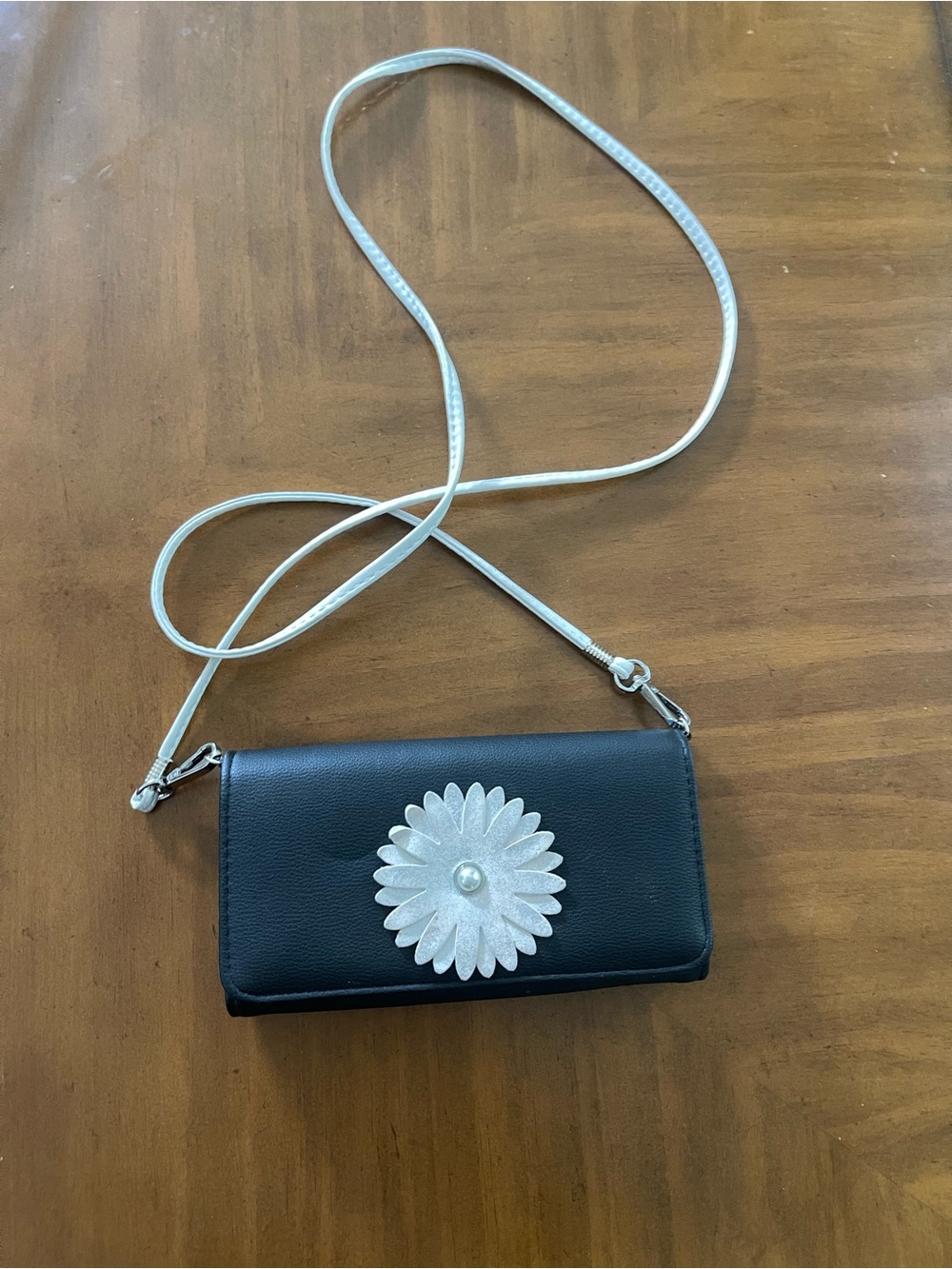 Coco + Carmen Black Crossbody Wallet Purse with Silver Daisy Accent